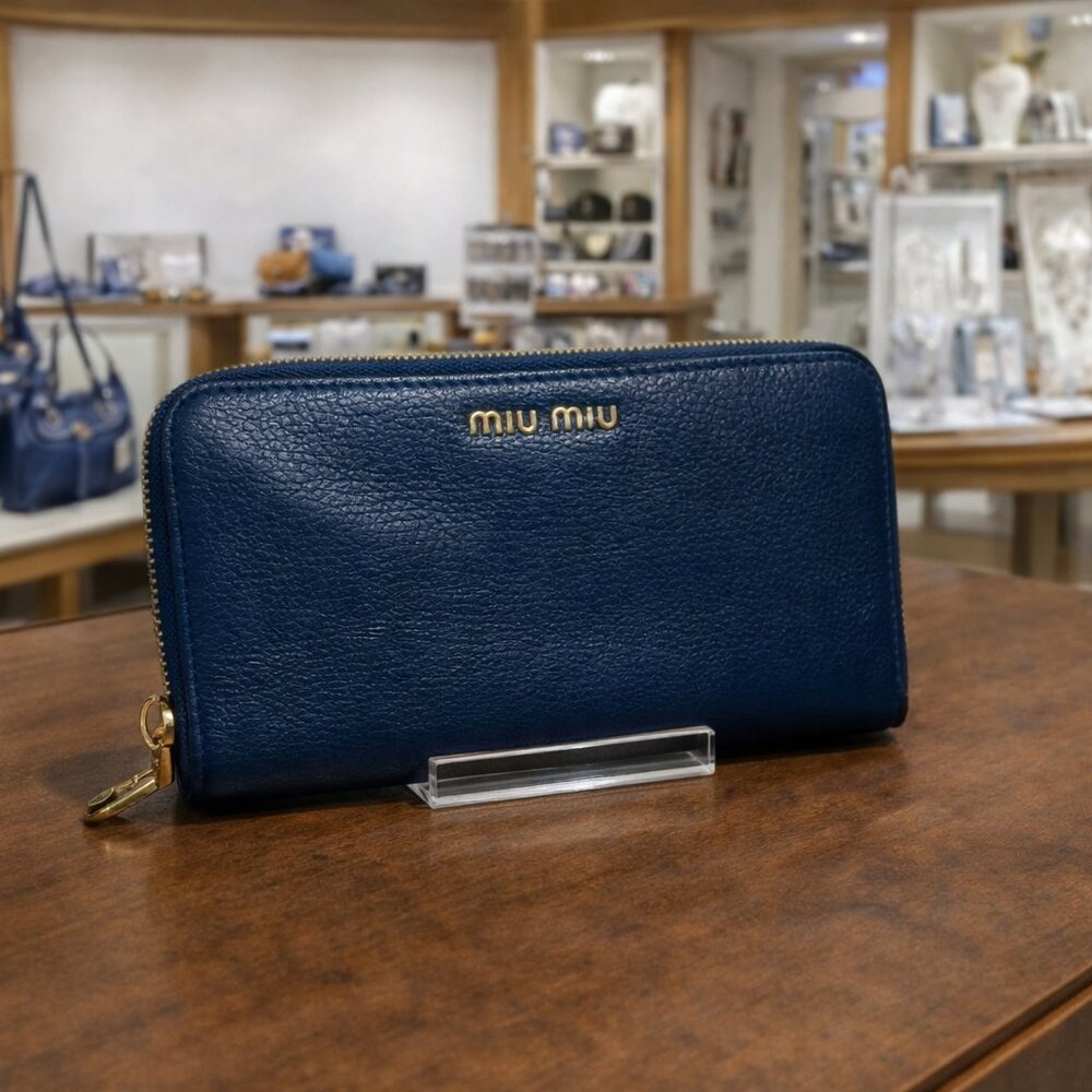 Miu Miu blue leather zip-around wallet